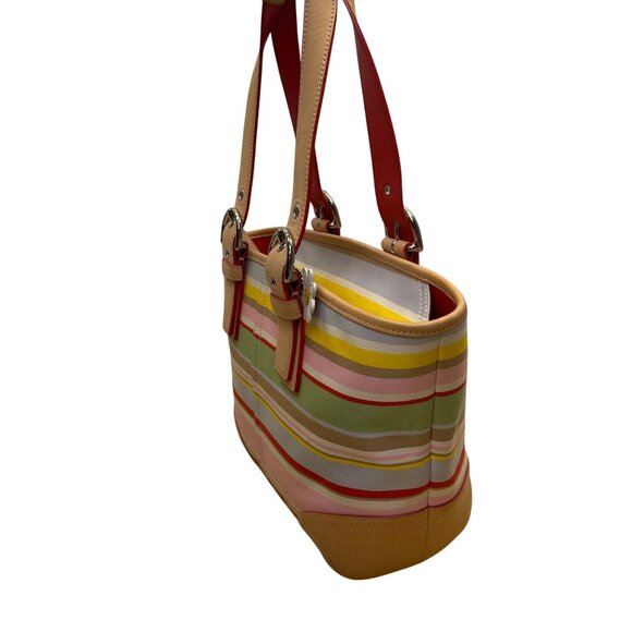Coach Women’s Multicolor Canvas & Leather Striped With Daisy Charm Tote Bag Sz M - Picture 2 of 15